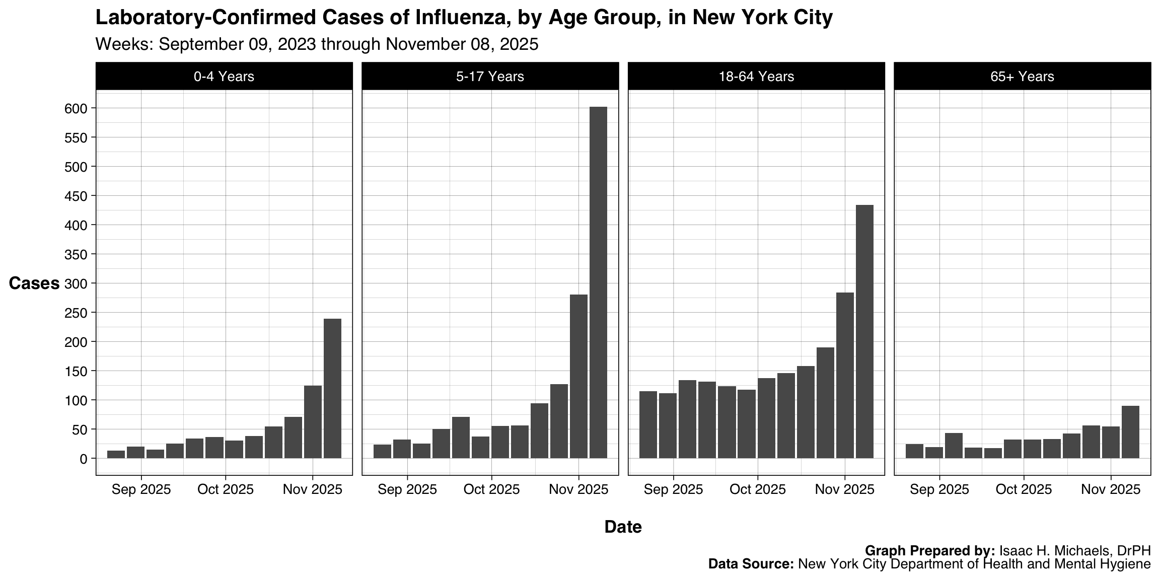 Set of bar charts displaying weekly influenza case counts for New York City, arranged by age group. Each age group appears in its own panel with a shared date axis. The use of separate panels prevents large age groups from dominating the scale and supports age-specific interpretation. Bars represent counts for each week.