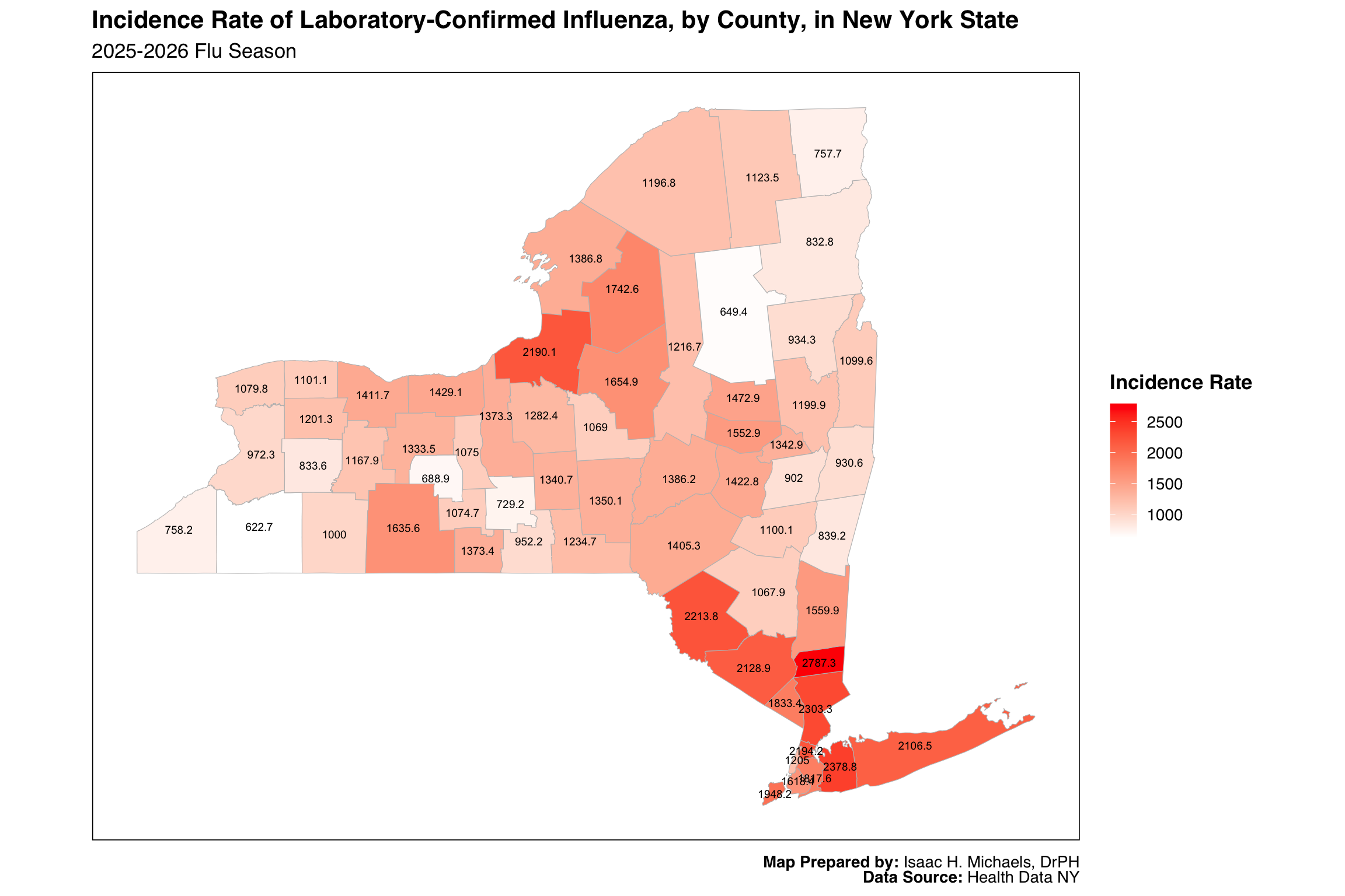 Color-shaded map of New York State showing influenza incidence rates per 100,000 residents by county. Darker shades indicate higher incidence rates, and each county is labeled with its rate.