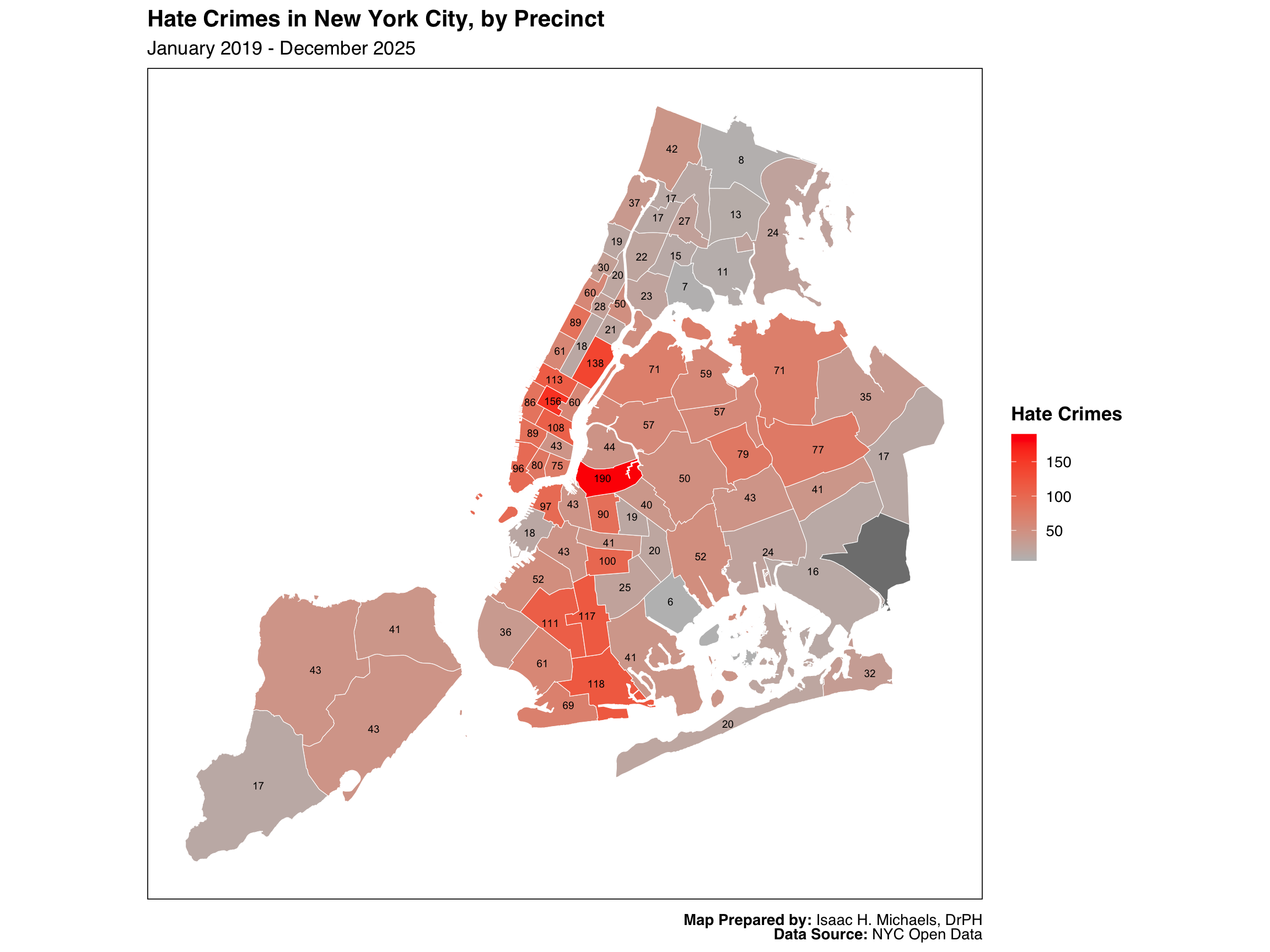 Map of New York City police precincts shaded to show the number of reported hate-crime incidents, with precinct labels displaying counts.