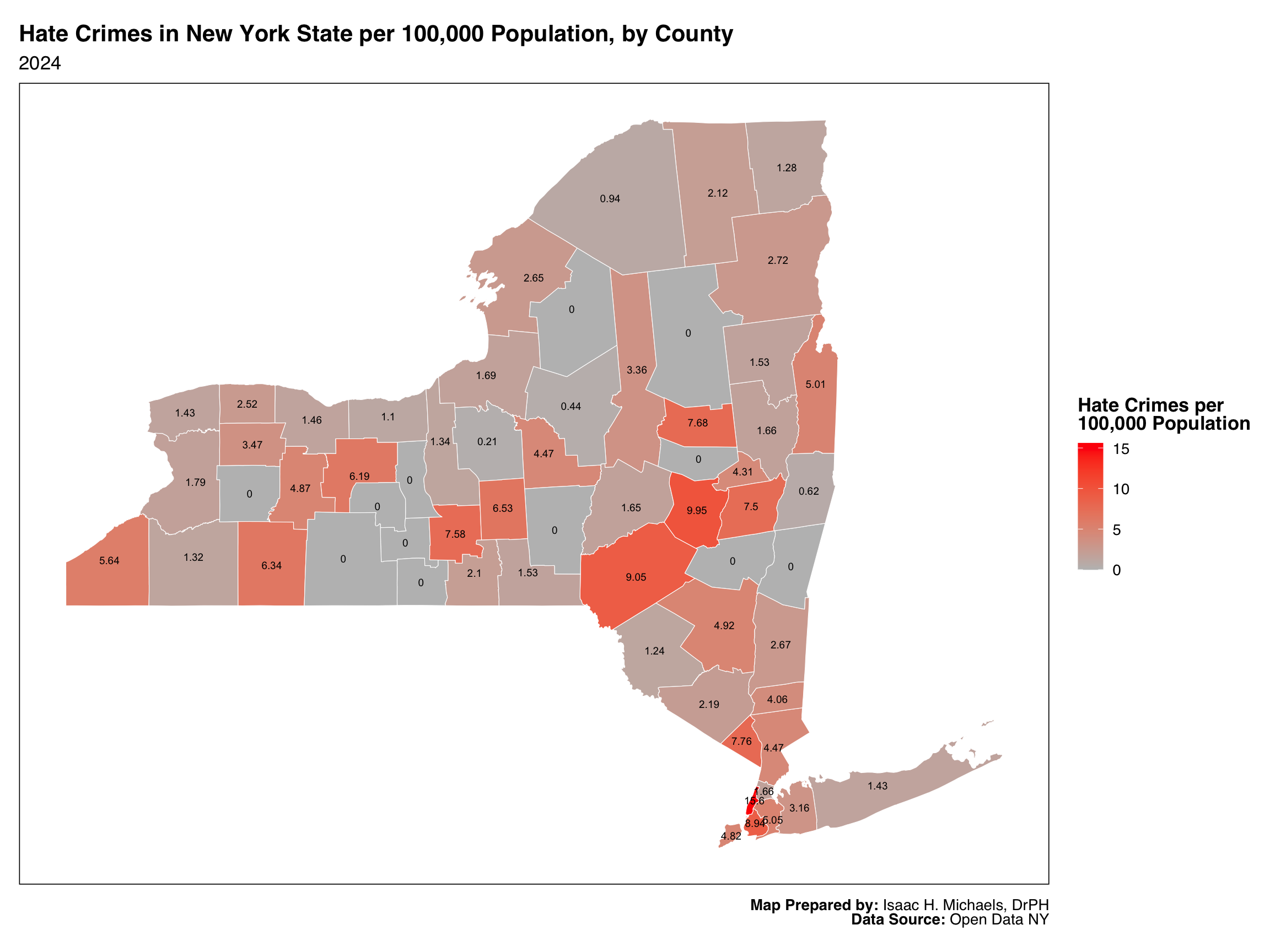 Map of New York State showing hate crime rates per 100,000 population by county. Counties shaded from light gray (low rate) to dark red (high rate), with numeric rate labels.